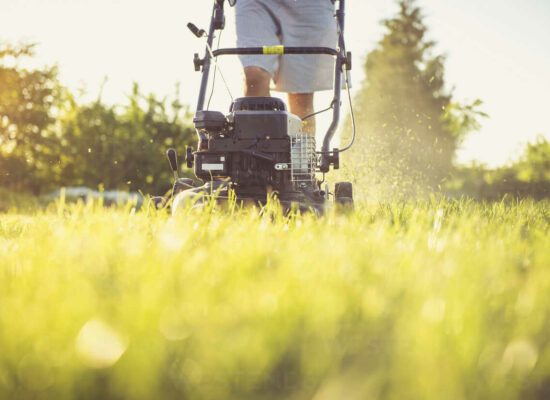Midsection Of Man Mowing Grassy Field Against Sky In Yard During Sunset